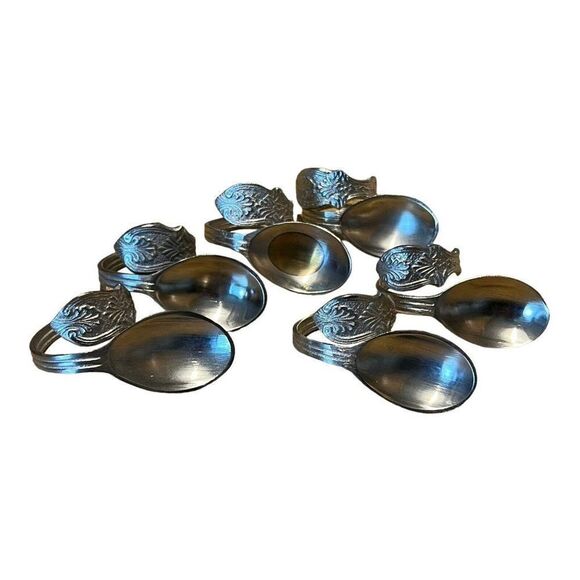 Bent Silver Tone Spoon Napkin Rings Set of 6 Metal Lot Victorian Tea Party - Picture 1 of 7